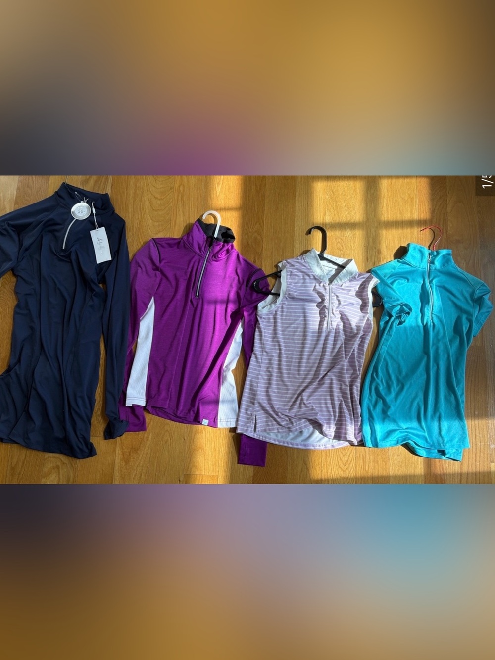 Lot of Four Athletic Tops in Navy, Purple, Lavender Stripe, and Teal excellent